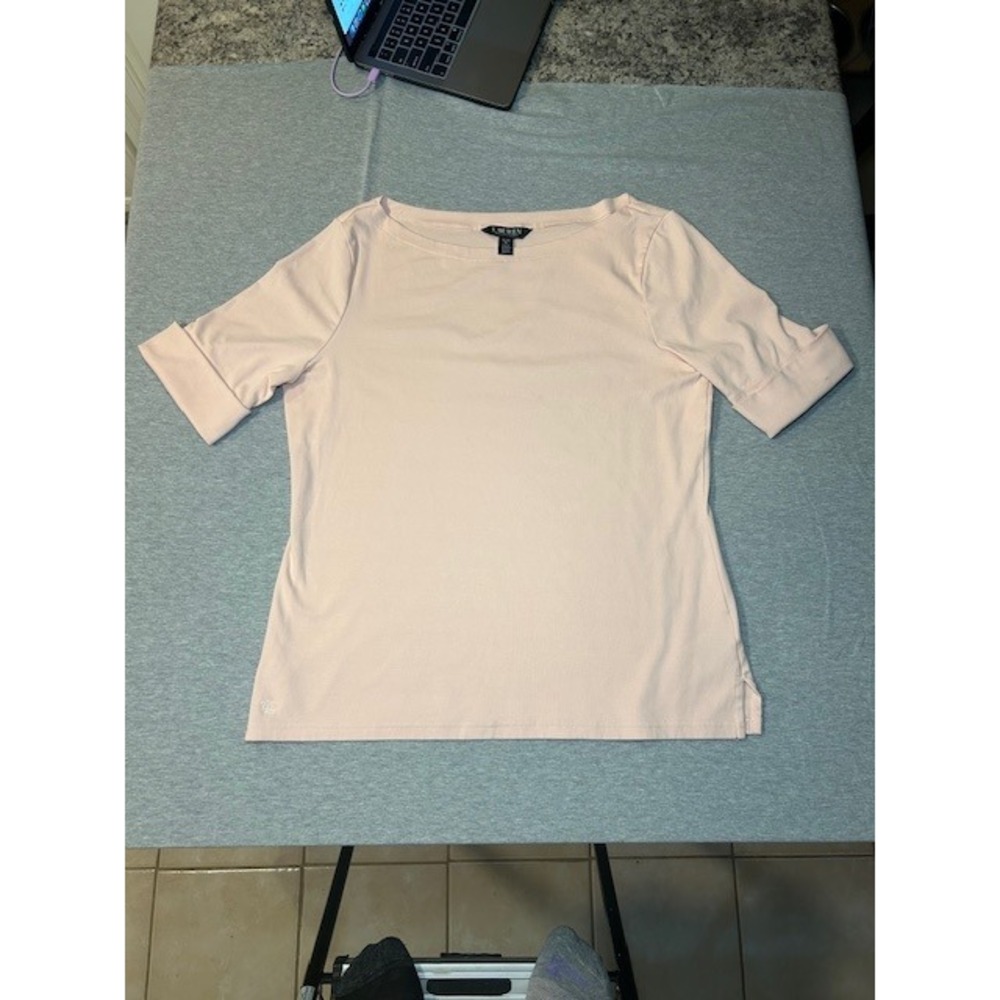 LAUREN Ralph Lauren Womens Pink Boat Neck Cuffed Sleeve T Shirt Top XL